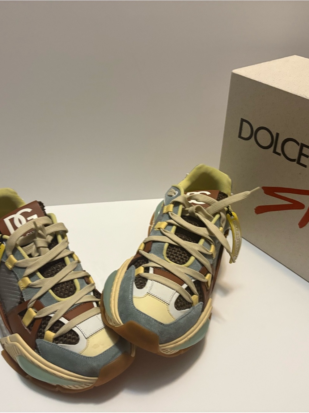 Dolce & Gabbana Cream, Light Blue, Brown and Yellow Mixed-Material Sneakers